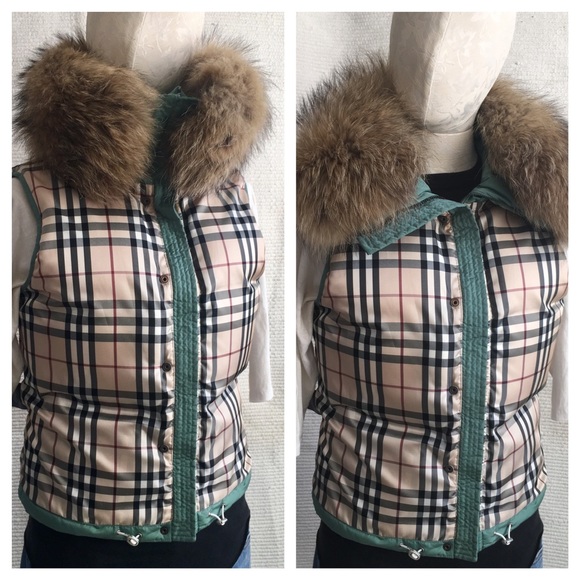 Burberry S Down Puffer Vest Coat Real Fur Green - Picture 4 of 8